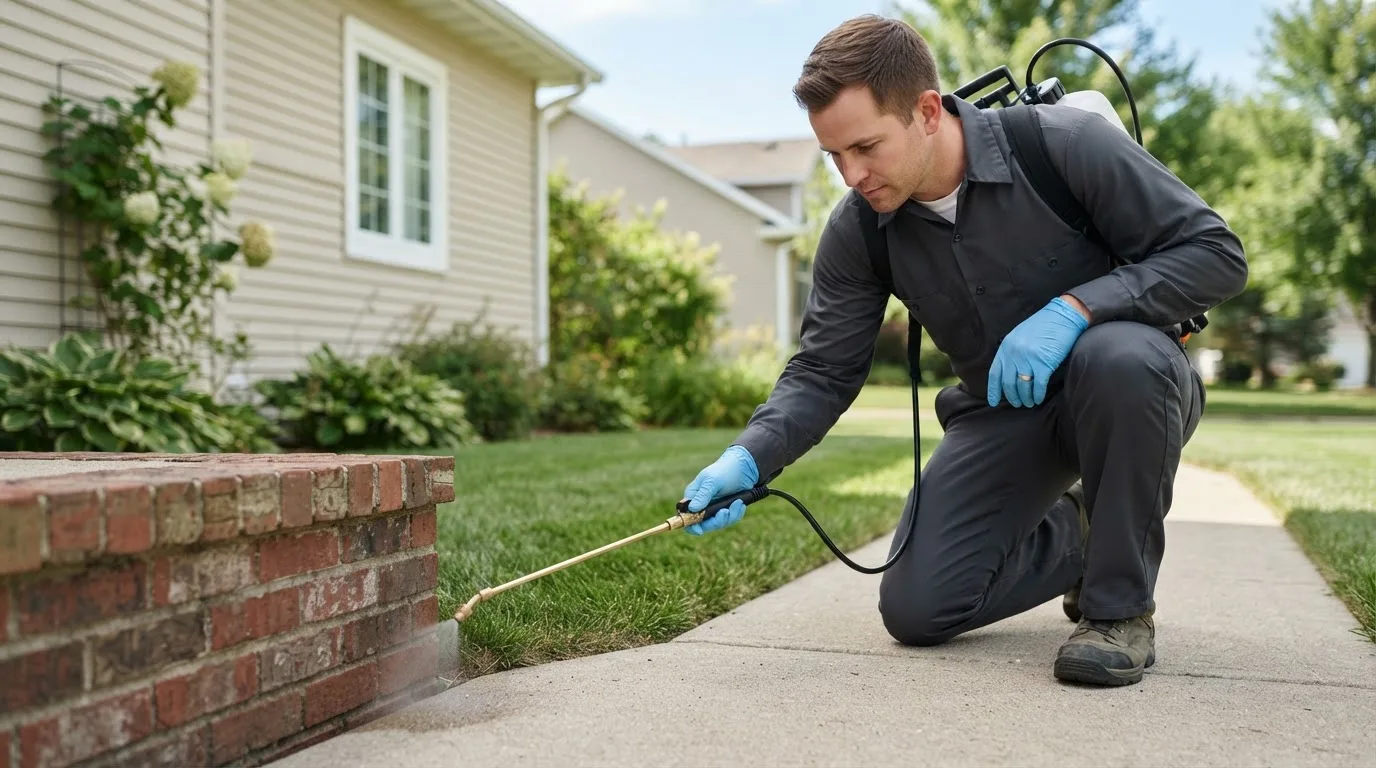 Pest control technician treating a home near Statesville, NC