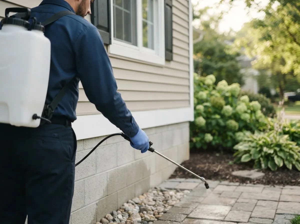 Pest control technician inspecting a home in Statesville, NC